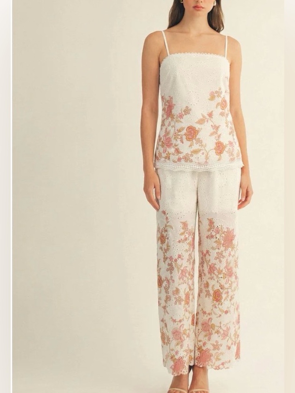 0219.  White Eyelet Floral Camisole & Wide Leg Pants Set